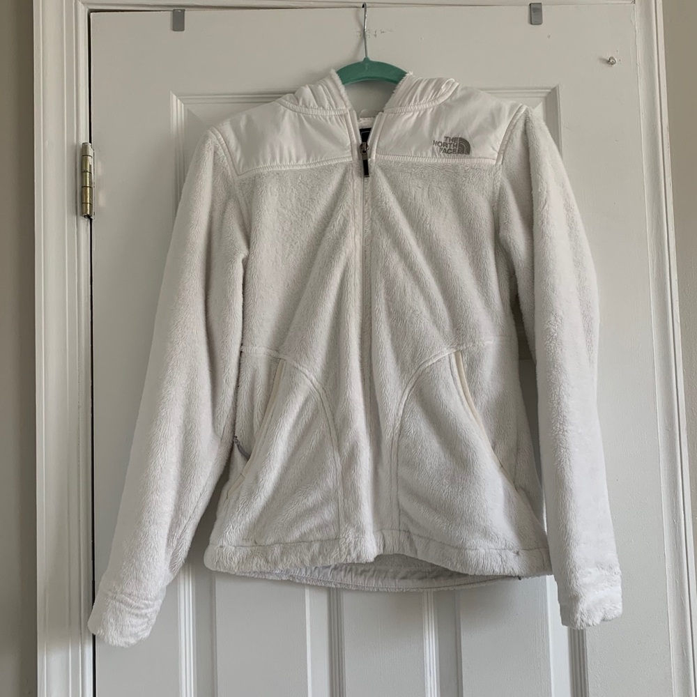 White fuzzy North Face with hood
